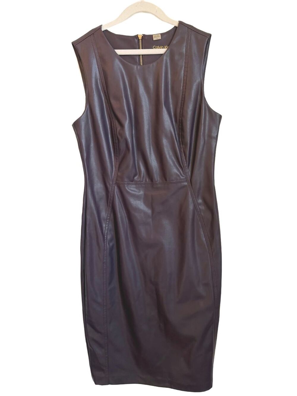 Calvin Klein Plum Faux Leather Sleeveless Sheath Dress Sz 4 Fall Autumn Workwear